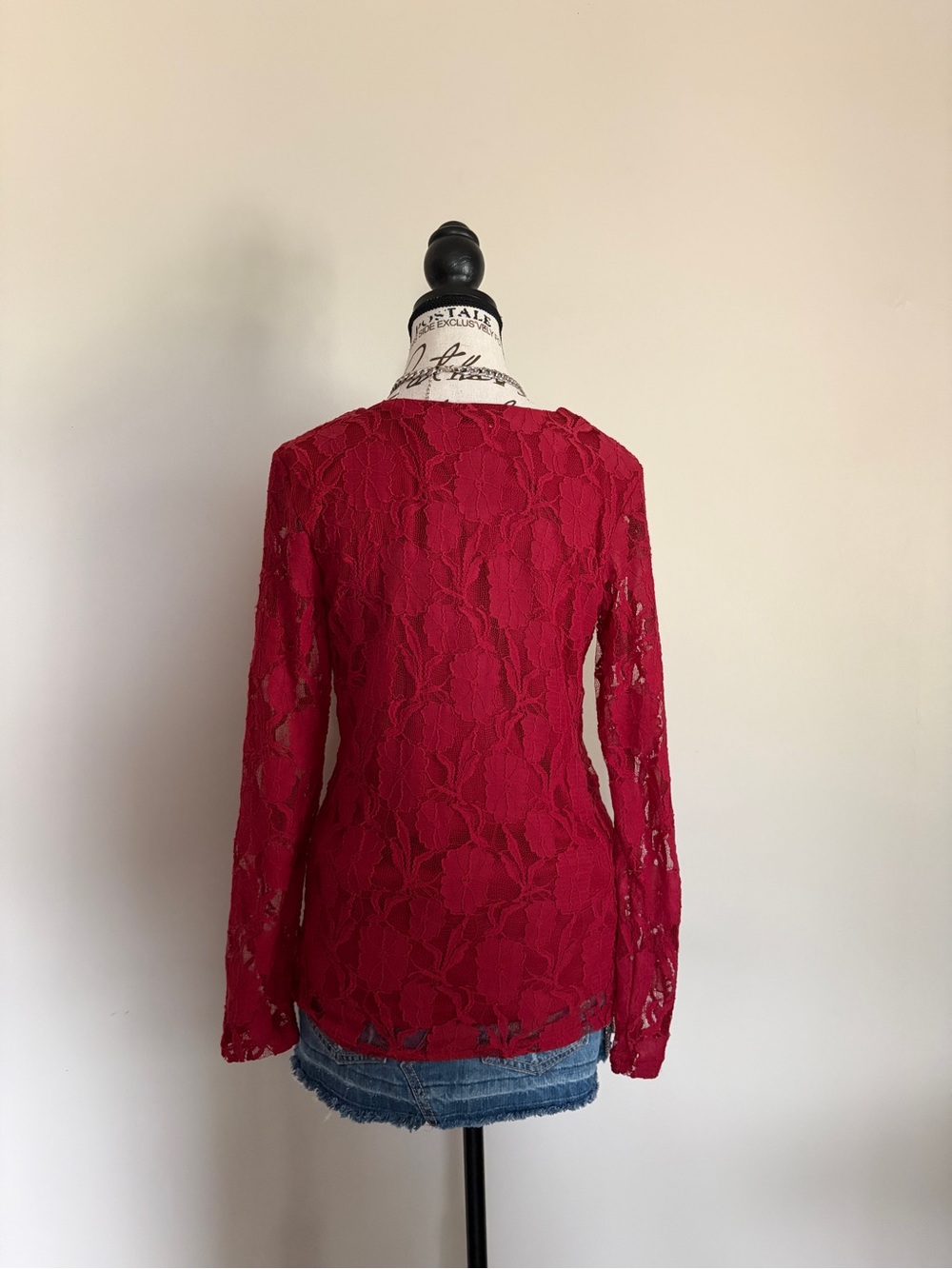 Vintage Red Lace Long Sleeve Blouse Deep V Neck Romantic Y2K Fairycore - Picture 4 of 11